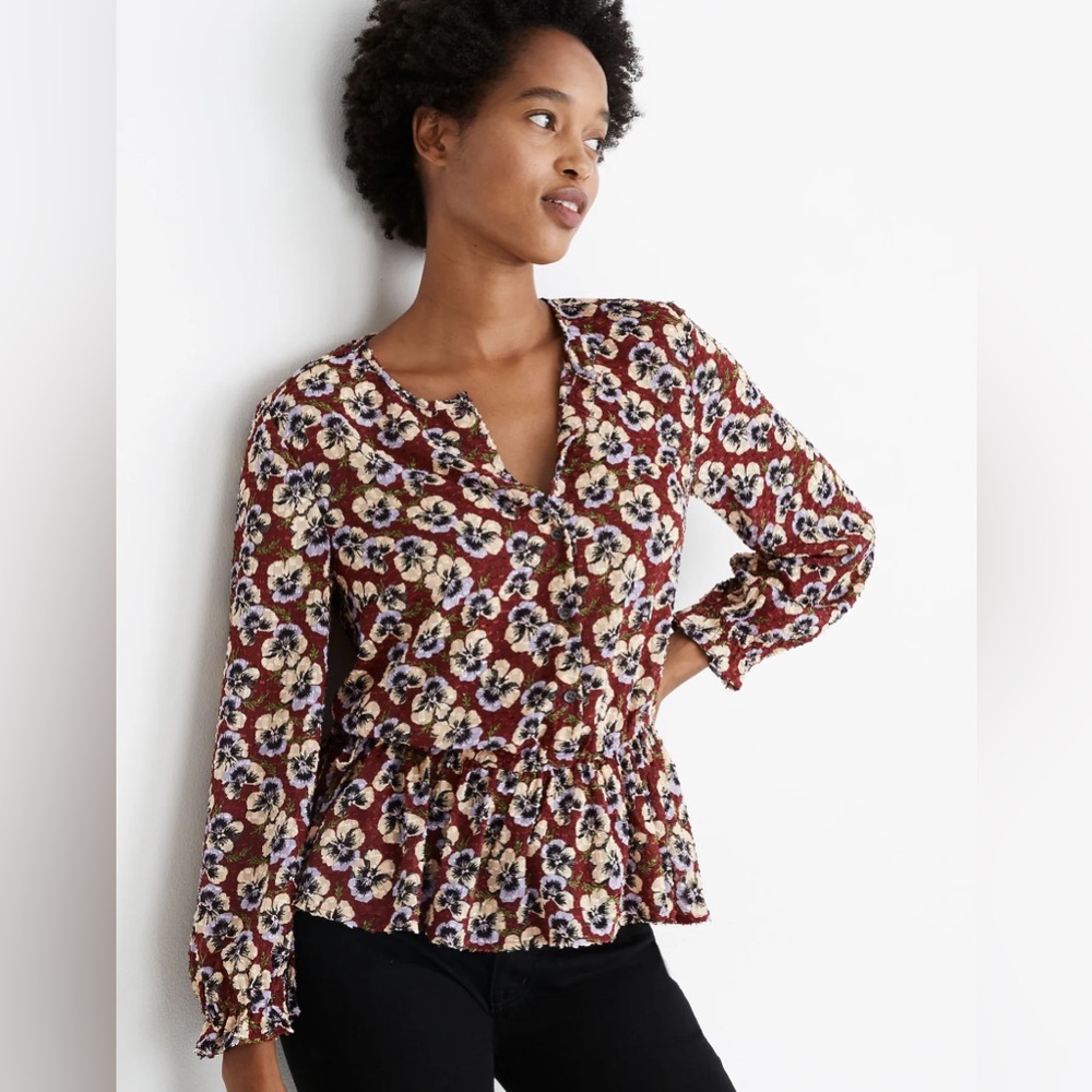 Madewell Drawstring Ruffle-Hem Top in Viola Floral